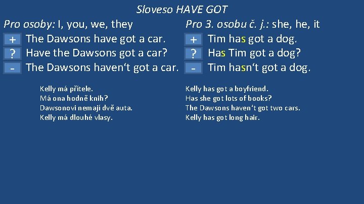 Sloveso HAVE GOT Pro osoby: I, you, we, they Pro 3. osobu č. j.