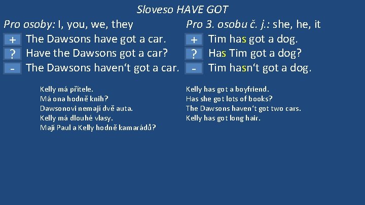 Sloveso HAVE GOT Pro osoby: I, you, we, they Pro 3. osobu č. j.