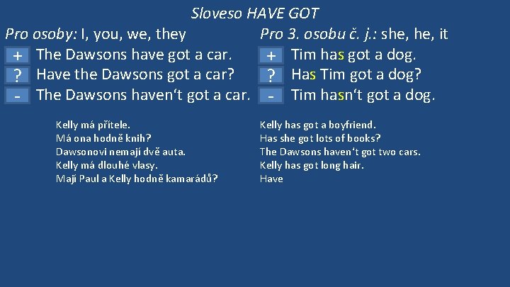 Sloveso HAVE GOT Pro osoby: I, you, we, they Pro 3. osobu č. j.