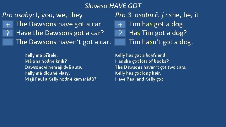 Sloveso HAVE GOT Pro osoby: I, you, we, they Pro 3. osobu č. j.