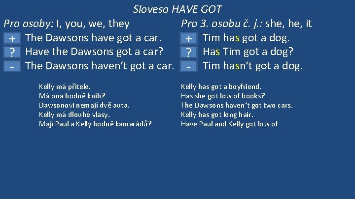 Sloveso HAVE GOT Pro osoby: I, you, we, they Pro 3. osobu č. j.