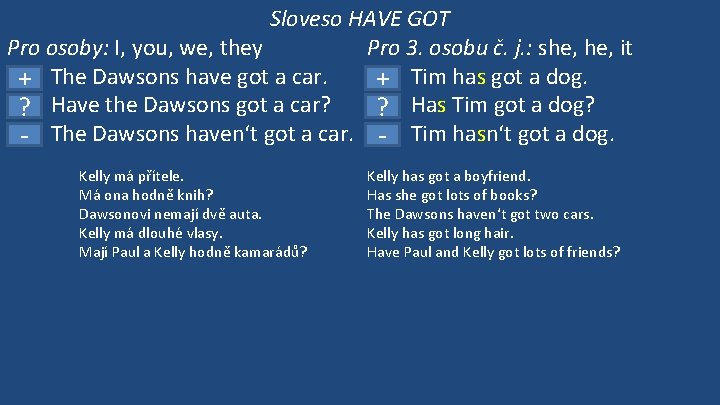 Sloveso HAVE GOT Pro osoby: I, you, we, they Pro 3. osobu č. j.