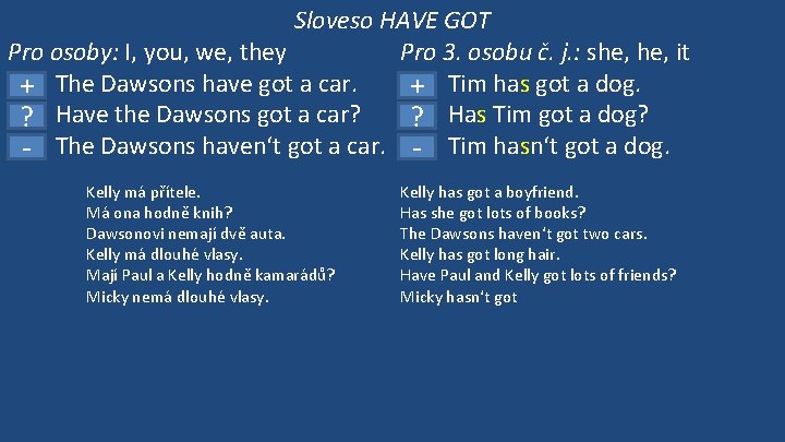 Sloveso HAVE GOT Pro osoby: I, you, we, they Pro 3. osobu č. j.