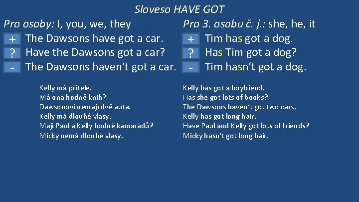 Sloveso HAVE GOT Pro osoby: I, you, we, they Pro 3. osobu č. j.