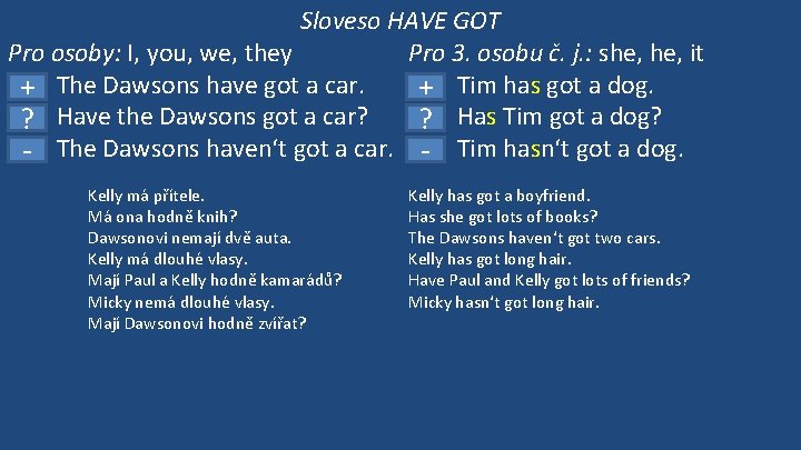 Sloveso HAVE GOT Pro osoby: I, you, we, they Pro 3. osobu č. j.