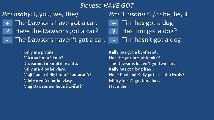 Sloveso HAVE GOT Pro osoby: I, you, we, they Pro 3. osobu č. j.