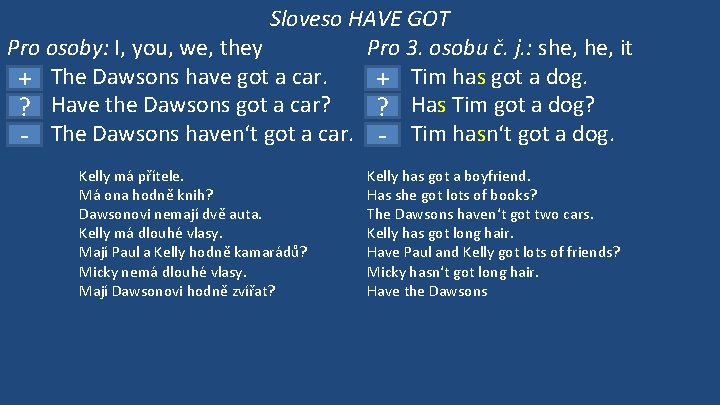 Sloveso HAVE GOT Pro osoby: I, you, we, they Pro 3. osobu č. j.