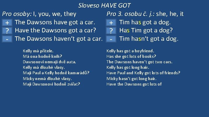 Sloveso HAVE GOT Pro osoby: I, you, we, they Pro 3. osobu č. j.