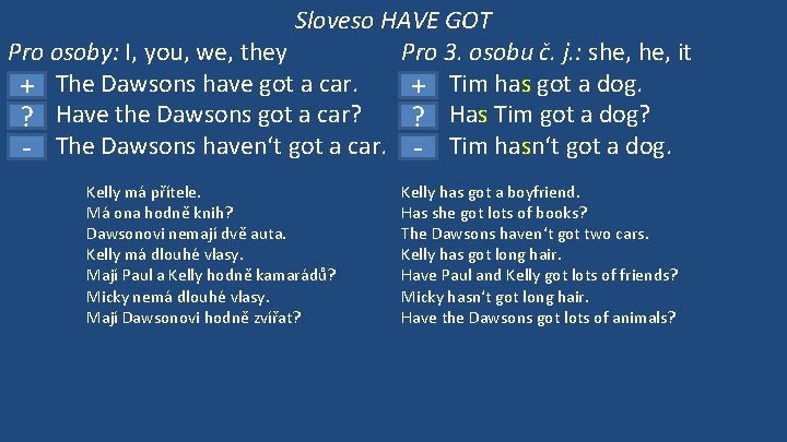 Sloveso HAVE GOT Pro osoby: I, you, we, they Pro 3. osobu č. j.