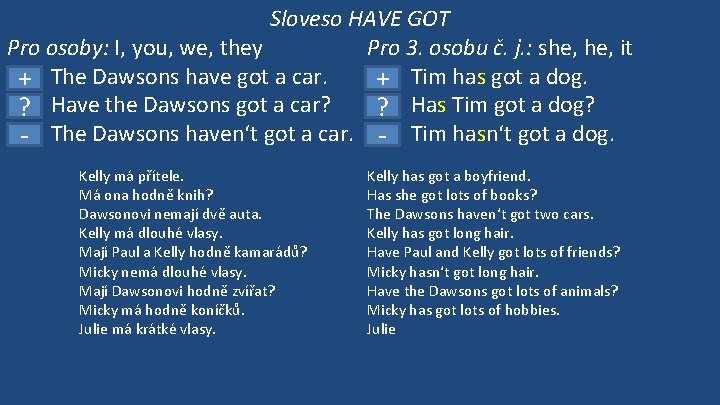 Sloveso HAVE GOT Pro osoby: I, you, we, they Pro 3. osobu č. j.