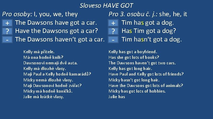 Sloveso HAVE GOT Pro osoby: I, you, we, they Pro 3. osobu č. j.