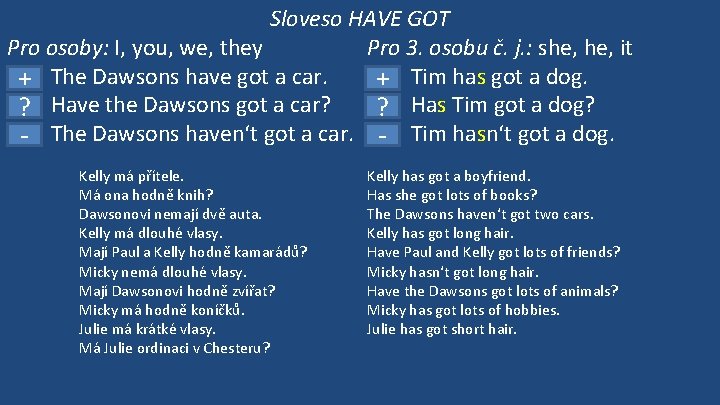 Sloveso HAVE GOT Pro osoby: I, you, we, they Pro 3. osobu č. j.