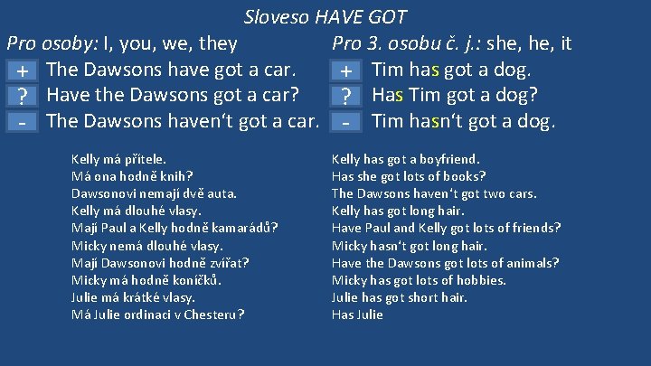 Sloveso HAVE GOT Pro osoby: I, you, we, they Pro 3. osobu č. j.