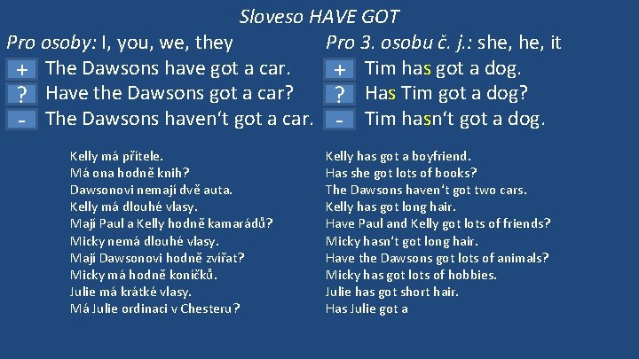 Sloveso HAVE GOT Pro osoby: I, you, we, they Pro 3. osobu č. j.