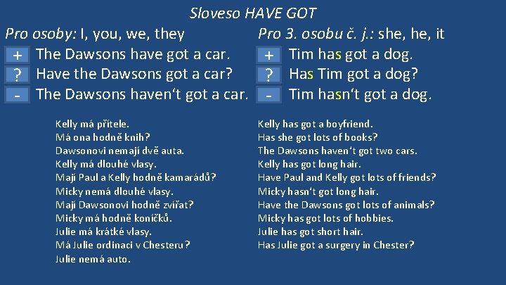 Sloveso HAVE GOT Pro osoby: I, you, we, they Pro 3. osobu č. j.