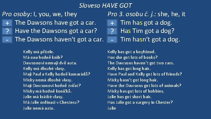 Sloveso HAVE GOT Pro osoby: I, you, we, they Pro 3. osobu č. j.