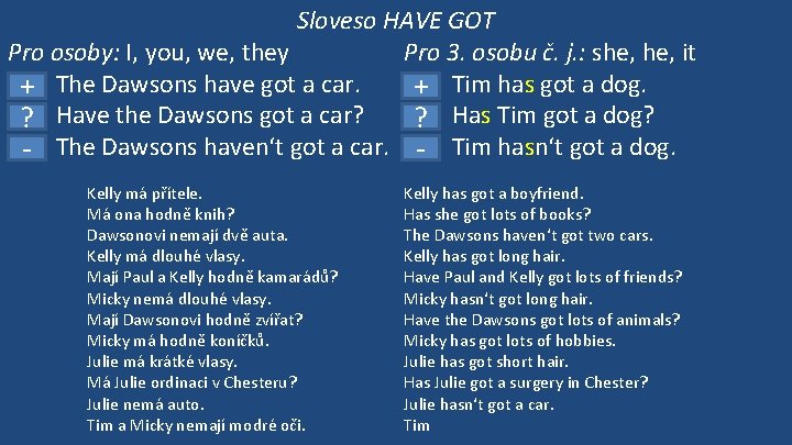 Sloveso HAVE GOT Pro osoby: I, you, we, they Pro 3. osobu č. j.