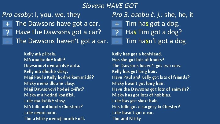 Sloveso HAVE GOT Pro osoby: I, you, we, they Pro 3. osobu č. j.