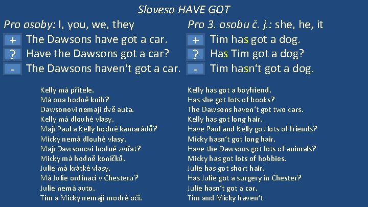 Sloveso HAVE GOT Pro osoby: I, you, we, they Pro 3. osobu č. j.