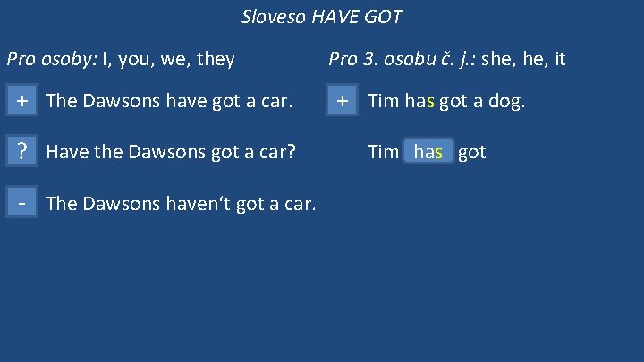 Sloveso HAVE GOT Pro osoby: I, you, we, they Pro 3. osobu č. j.