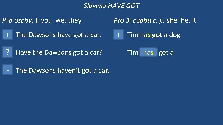 Sloveso HAVE GOT Pro osoby: I, you, we, they Pro 3. osobu č. j.