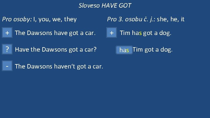 Sloveso HAVE GOT Pro osoby: I, you, we, they Pro 3. osobu č. j.