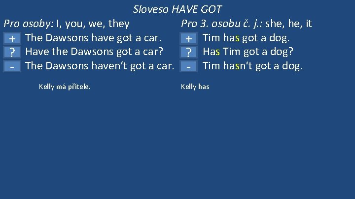 Sloveso HAVE GOT Pro osoby: I, you, we, they Pro 3. osobu č. j.