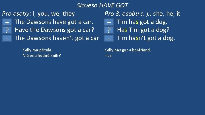 Sloveso HAVE GOT Pro osoby: I, you, we, they Pro 3. osobu č. j.