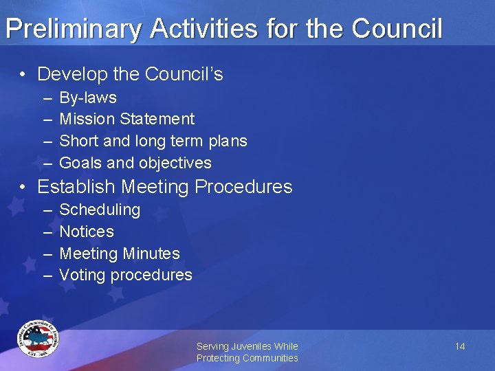Preliminary Activities for the Council • Develop the Council’s – – By-laws Mission Statement