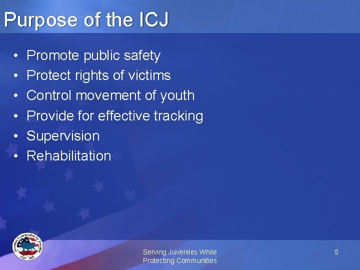 Purpose of the ICJ • • • Promote public safety Protect rights of victims