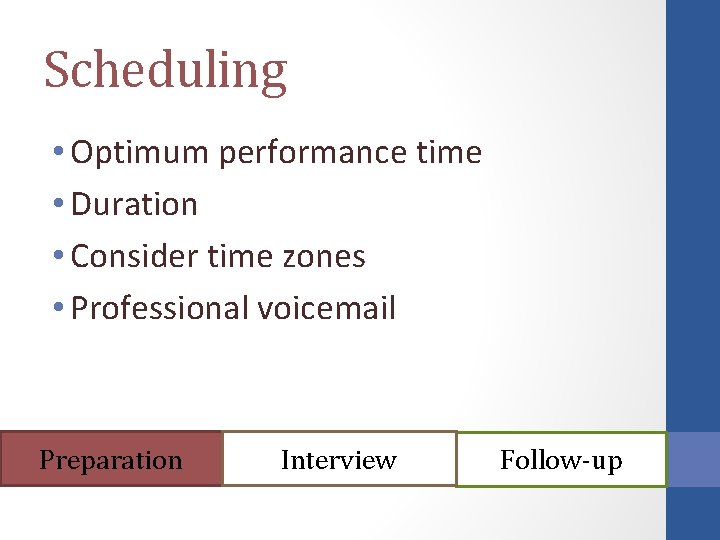 Scheduling • Optimum performance time • Duration • Consider time zones • Professional voicemail