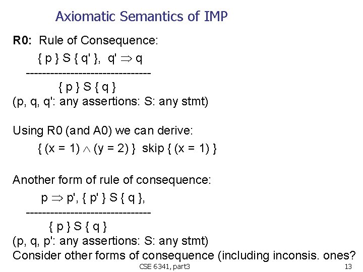 Axiomatic Semantics of IMP R 0: Rule of Consequence: { p } S {