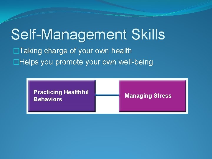 Self-Management Skills �Taking charge of your own health �Helps you promote your own well-being.