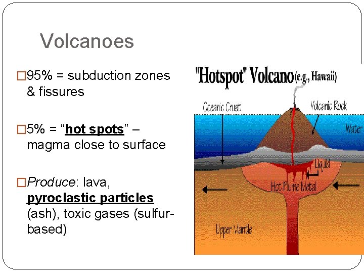 Volcanoes � 95% = subduction zones & fissures � 5% = “hot spots” –