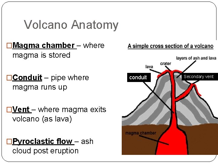Volcano Anatomy �Magma chamber – where magma is stored �Conduit – pipe where magma