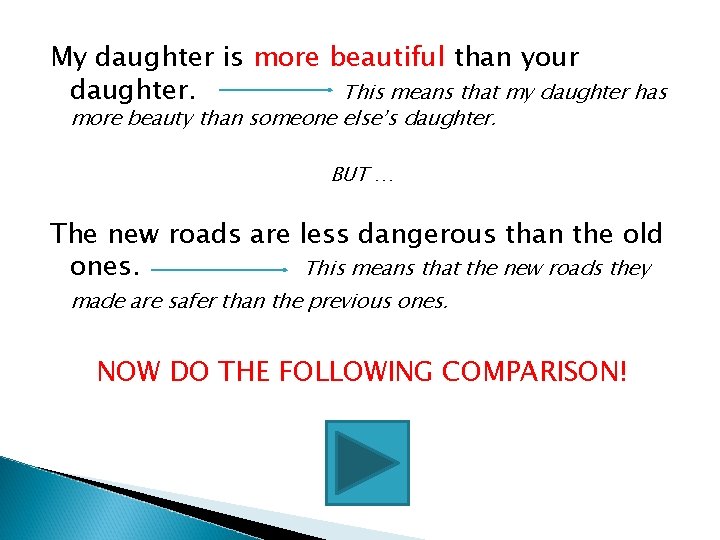 My daughter is more beautiful than your daughter. This means that my daughter has My daughter is more beautiful than your daughter. This means that my daughter has