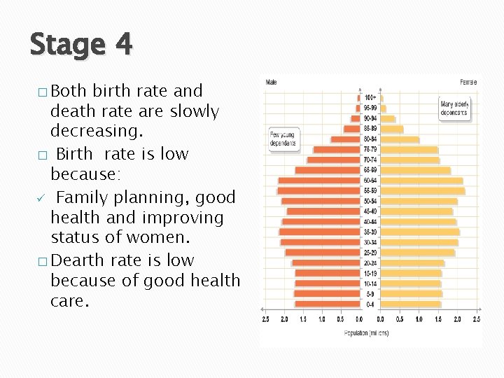 Stage 4 � Both birth rate and death rate are slowly decreasing. � Birth