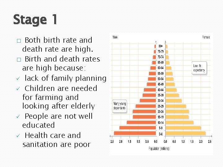 Stage 1 Both birth rate and death rate are high. � Birth and death