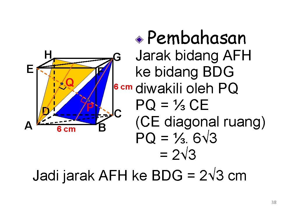 Pembahasan Jarak bidang AFH E F ke bidang BDG Q 6 cm diwakili oleh