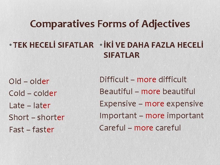 Comparatives Forms of Adjectives • TEK HECELİ SIFATLAR • İKİ VE DAHA FAZLA HECELİ