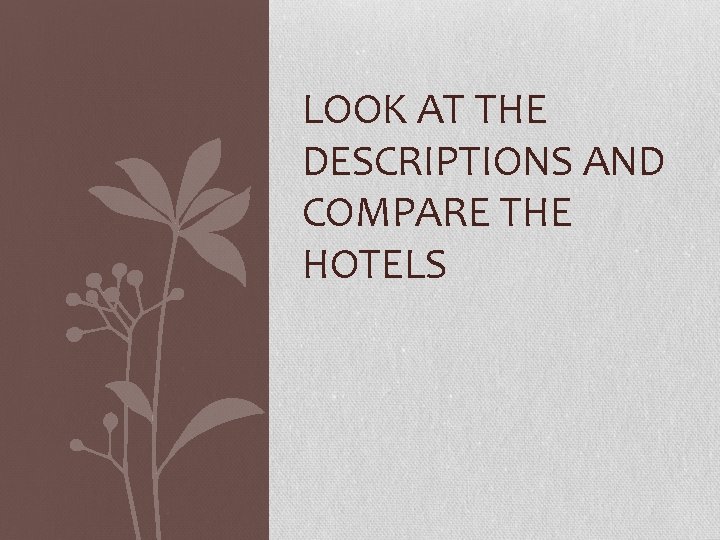 LOOK AT THE DESCRIPTIONS AND COMPARE THE HOTELS 