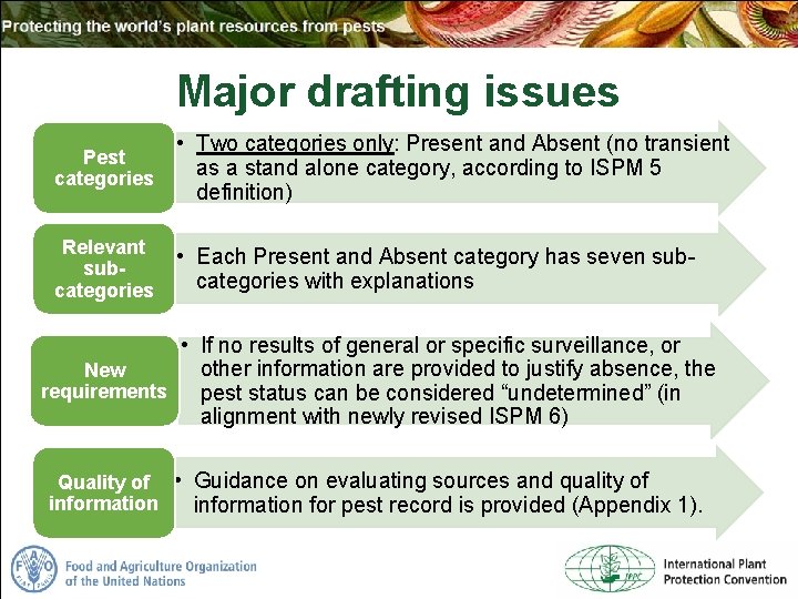 Major drafting issues Pest categories • Two categories only: Present and Absent (no transient