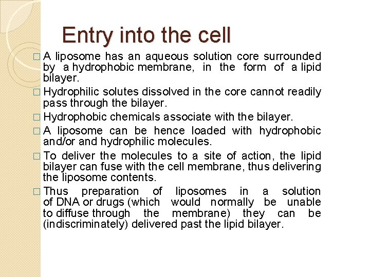 Entry into the cell �A liposome has an aqueous solution core surrounded by a