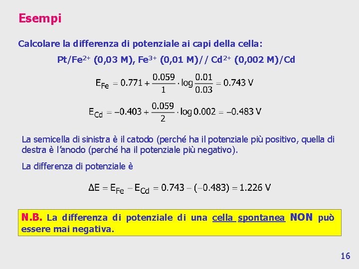 Esempi Calcolare la differenza di potenziale ai capi della cella: Pt/Fe 2+ (0, 03