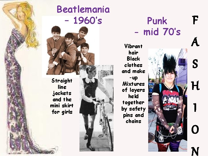 Beatlemania – 1960’s Straight line jackets and the mini skirt for girls Punk -