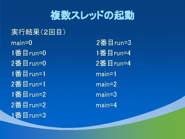 複数スレッドの起動 実行結果（２回目） main=0 1番目run=0 2番目run=0 1番目run=1 2番目run=1 1番目run=2 2番目run=2 1番目run=3 2番目run=3 1番目run=4 2番目run=4 main=1