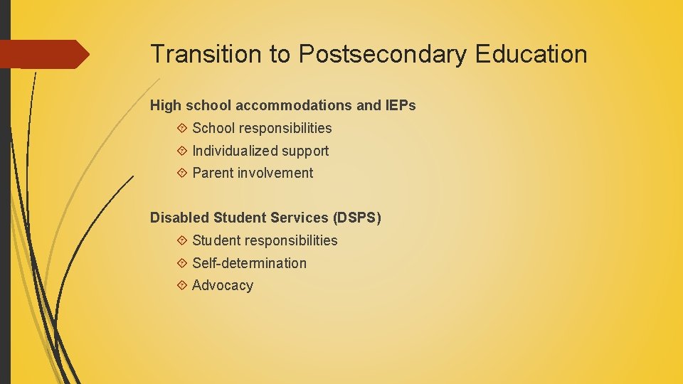Transition to Postsecondary Education High school accommodations and IEPs School responsibilities Individualized support Parent