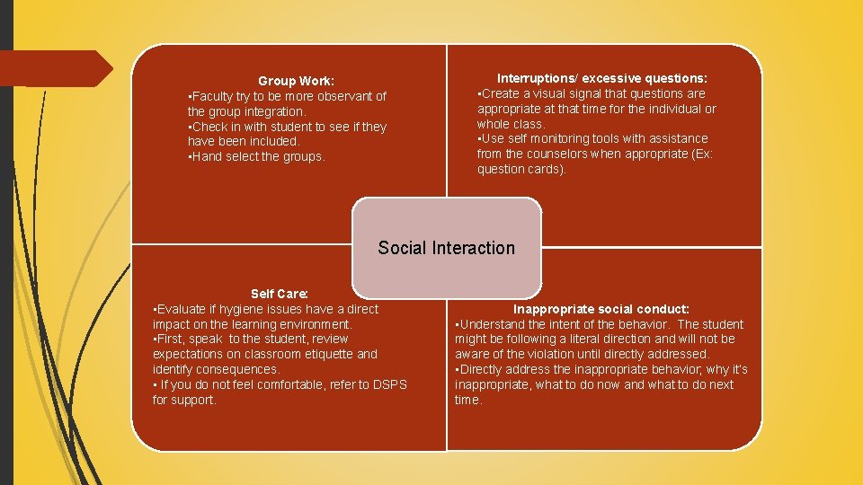 Group Work: • Faculty try to be more observant of the group integration. •