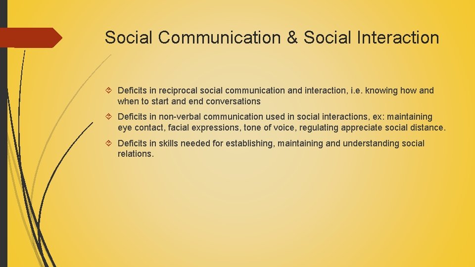 Social Communication & Social Interaction Deficits in reciprocal social communication and interaction, i. e.