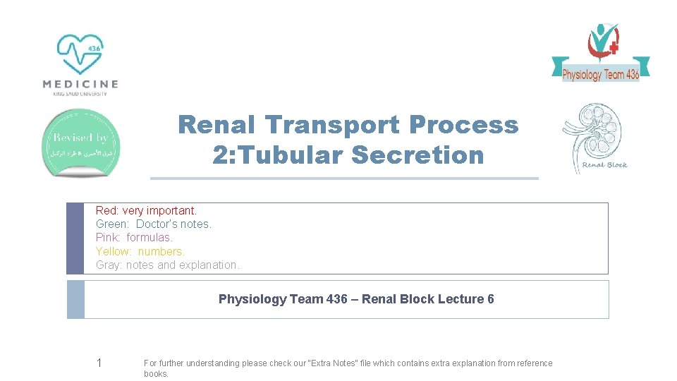 Renal Transport Process 2: Tubular Secretion Red: very important. Green: Doctor’s notes. Pink: formulas.